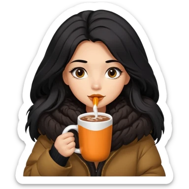 anned Girl with lashes , bright black long hair, in an extremely big fluffy oversized jacket, and drinking hot chocolate drink sticker