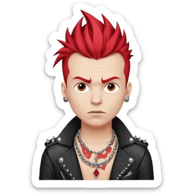 white guy rock singer, rebellious style, red mohawk hair, studded leather necklace sticker