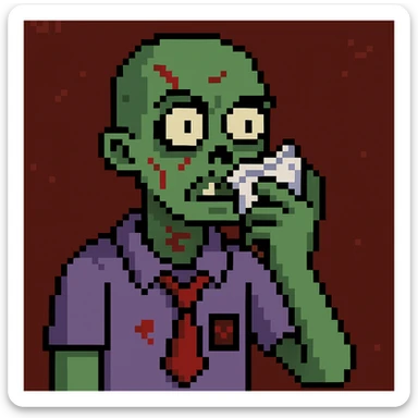 A zombie sniffing white powder with a background in the style of a pixel art sticker