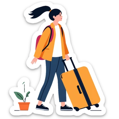 Asian tourist with suitcase, travel outfit sticker