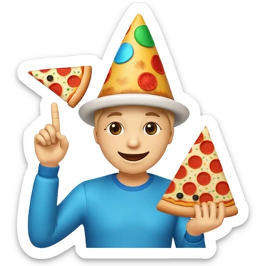 funny emoji called 'party Overload': laughing face with disco ball eyes, tilted party hat, making a finger gun with one hand, holding pizza in the other sticker