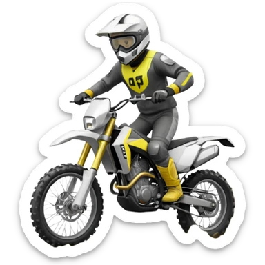 Male with a white helmet and motorcross googles, black and white clothes, riding an aventure motorcyle from Husqvarna, Norden 901, motorcycle is black, grey and yellow, doing a wheely (with the front wheel on air) getting of a mud pool sticker