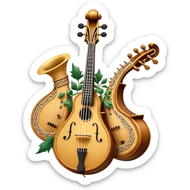 Create an intricate, festive, and emblematic emoji symbolizing plucked string instruments. The design should resemble a regal crest, featuring instruments like a banjo, mandolin, domra, sitar, and other plucked strings, arranged symmetrically in an ornate composition. Their necks and strings should elegantly intertwine with a flowing ribbon of musical notes, wrapping gracefully around the instruments. The overall shape should be grand and balanced, evoking a sense of tradition and celebration. Use a rich and refined color palette with gold, deep mahogany, and vibrant accents, adding intricate wood textures, decorative inlays, and metallic tuning pegs for a professional, polished look. The background should be transparent, making the emblem stand out as an independent artistic mark sticker