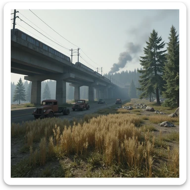  a screenshot of a location in a videogame  the image of the scene consists of:  [above-ground train freeway partially collapsed], a wooded area, a small field of wheat. distant smoke. tall concrete walls, derelict vintage work trucks, more distant smoke. polluted and war-torn sticker