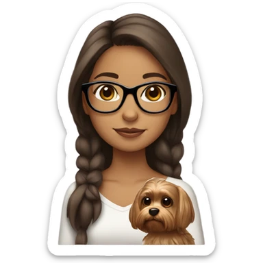Hispanic Brown haired girl with glasses holding tan yorkie sticker