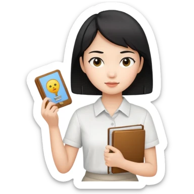 A young female guide with fair skin and short black hair from Asia, holding her guide in one hand sticker