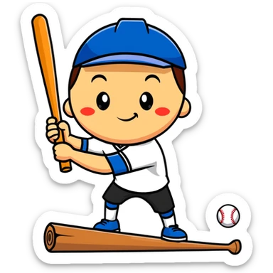 a wooden log with thin stick legs, cute cartoonish face, holding a baseball bat sticker