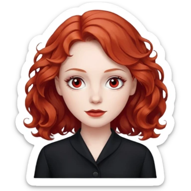 Julia Grant from Summer of Fear with medium red wavy hair, black outfit, white and red eyes sticker
