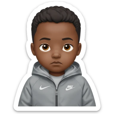 a little black baby with serious facial expression wearing a gray nike tech sticker