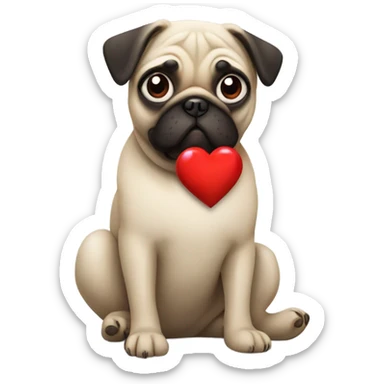 Cute pug holding a heart sticker