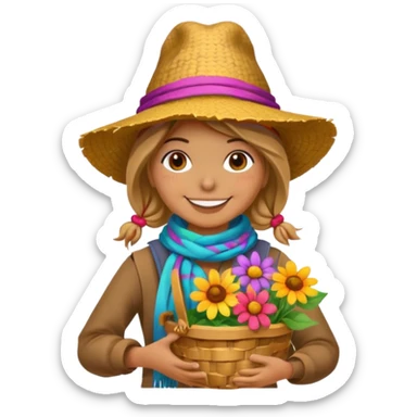Scarecrow, Smiling face, colorful scarf, flower hat, holding a small basket. sticker