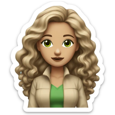 woman long brown wavy voluminous hair with green eyes beige skin and hot outfit sticker