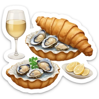 French cuisine humanless avatar in clean emoji-style illustration. 1 Croissant, oysters and wine glass, soft beige tones, simple shapes, flat design, refined and cozy. sticker