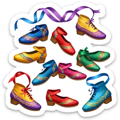 Icon for Folk Dance: close-up traditional dance shoes, colorful folk costumes, and a dance circle with ribbons. The icon should represent the vibrant and cultural aspects of folk dancing. Transparent background. sticker
