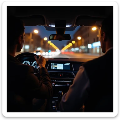 BMW Series 7 2024, driver's perspective from inside, left hand on wheel, night, Bucharest city lights, motion blur, photorealistic sticker