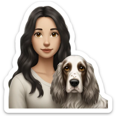 hyperrealist caucasian girl black long hair with brown english setter dog sticker