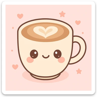 cafe latte with latte art print, kawaii style, cute face sticker