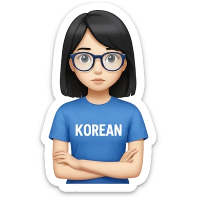 A girl with mullet black shoulder length hair, metal glasses, face is a little bit round, big black eyes, wear a blue T-shirt with Korean line of words on it sticker