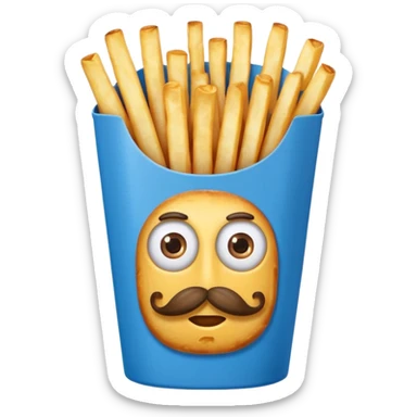 long slim crispy fries in a blue carton, carton has eyes and mustache sticker
