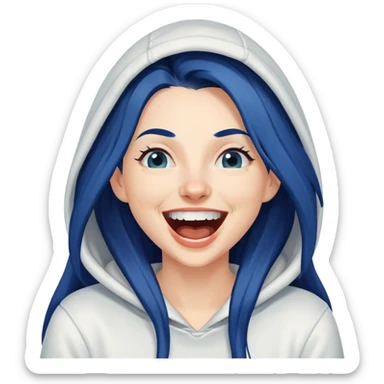 White 30 year old woman with long dark blue hair laughing hysterically wearing a white hoodie sticker