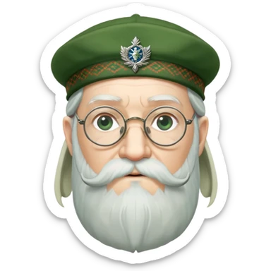Dumbledore wear green scotland Tam o'shanter cap with decorative patterns, wear glasses, very long beard sticker