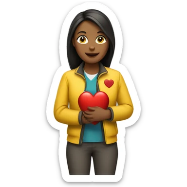 A female teacher in a yellow jacket holds a heart in her hands sticker