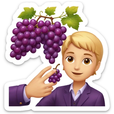 elegant emoji of a hand picking a glossy purple grape, vineyard scene, warm golden light, luxury feel, minimal shading sticker