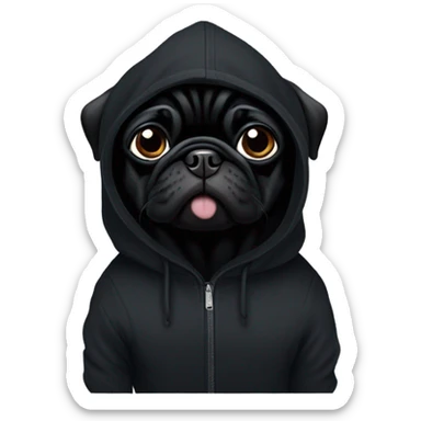 Black pug wearing a black hoodie sticker