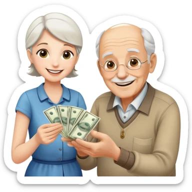 Kind elderly grandfather giving money to young adult woman who needs financial help, supportive family moment sticker