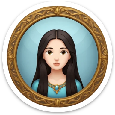 Woman facing ancient mirror, reflection slightly delayed and darker sticker