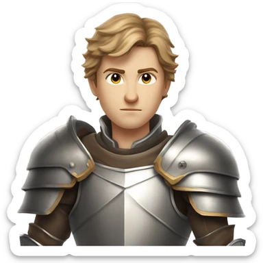A young man with light brown hair and gray eyes, in chivalrous armor, fantasy, looks seriously, holds a sword in his hands sticker