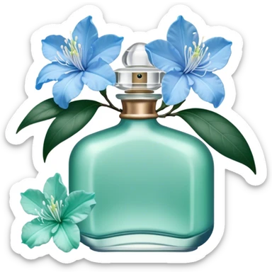 Aesthetic ensemble of soft blue azaleas alongside a charming vintage green perfume bottle.
 sticker