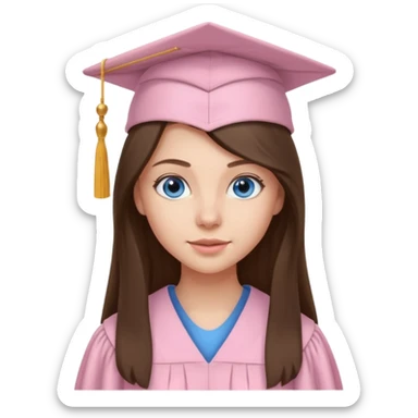 young brunette girl long hair, blue eyes and light pink gown and cap university graduate sticker