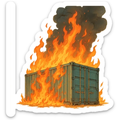 ghibli style shipping container on fire sticker