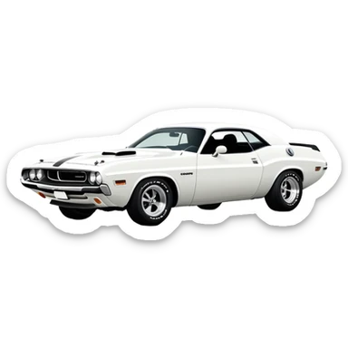 Completely white 1971 Dodge Challenger muscle car, side view, no racing stripes, pure white paint job, minimalist style, classic American muscle car from Tarantino's Death Proof movie sticker