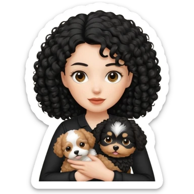 Moça branca com cabelo cacheado preto. Roupa preta e Com um cachorro no colo sticker