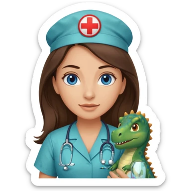 pretty brunette nurse with long hair and blue eyes in dinosaur scrubs sticker