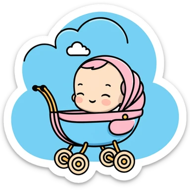 peaceful sleeping baby with closed eyes in pink and beige stroller with pastel blue clouds decoration sticker