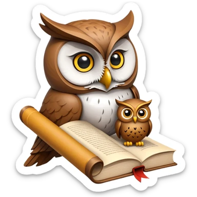 An icon featuring an ancient scroll, a thinker’s bust, and a question mark, symbolizing philosophy. The design includes a wise owl, a book, and abstract symbols, representing deep thought, ethics, and wisdom. Transparent background sticker
