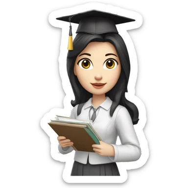 pale skin girl graduate student with middle length black hair,wearing graduate black cap, gray eyes, White classical jacket, blouse, Gray skirt holding a color palette in the hands sticker