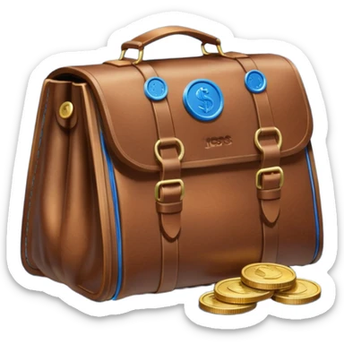 leather bag on top of blue coins stack sticker