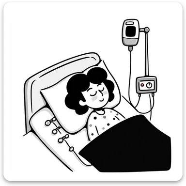 patient sleeping in bed with EEG electrodes, pulse oximeter, and other sensors for polysomnography sleep study sticker