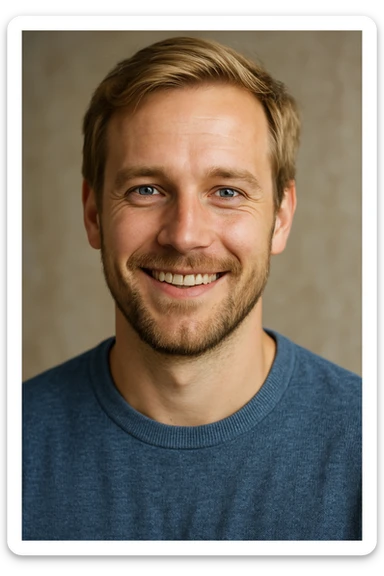 A smiling blonde man, age 35, with blue eyes and a light beard. sticker