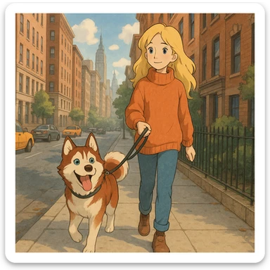 Cute Blonde woman wearing a sweater walking a happy red-brown blue-eyed Siberian husky in New York City on an upper east side city sidewalk  sticker
