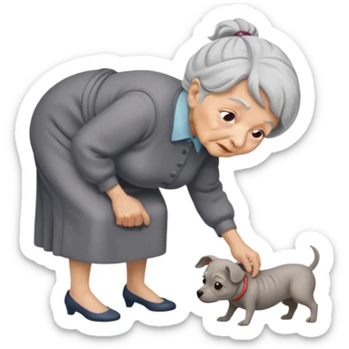 Old woman bent over from waist to floor trying to pick up dog sticker