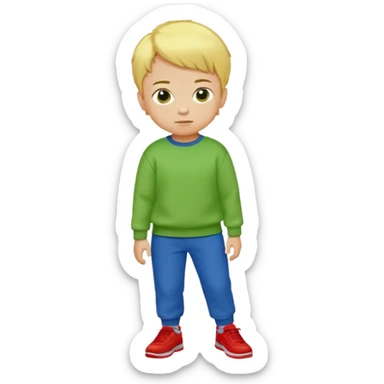 Small boy with short yellow hair, bright green sweatshirt, blue pants and red shoes sticker