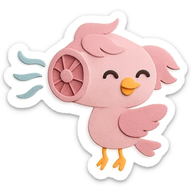 chibi hair dryer-bird hybrid, blowing air, happy face, soft pink, full-body sticker
