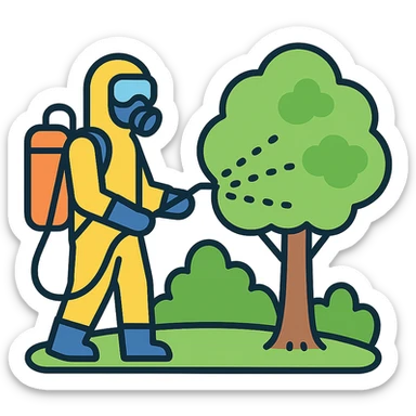 A gardener in protective suit and mask spraying a tree with a sprayer, performing chemical pest control. Bright green garden with trees, visible spray droplets, atmosphere of professional plant protection and garden care sticker