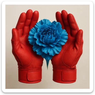Red batting gloves positioned with palms out, visually merging to create the illusion of a blue carnation. sticker