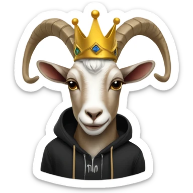 Horned goat wearing a crown and black hoodie sticker